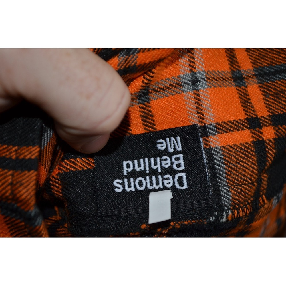 Demons Behind Me Flannel Button Up Shirt 3XLT Orange Black Plaid Skull Patch New - Picture 8 of 12